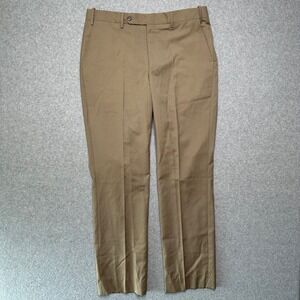 Berle Mens 100% Worsted Wool Dress Pants Tan Khaki Flat Front Trousers Sz 35 NEW